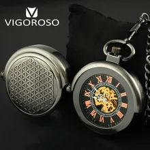 VIGOROSO Grey Steel Special Designer Steel Hide Carved Mechanical Pocket Watch Steampunk Hand-winding Vintage FOB&Pocket Watches