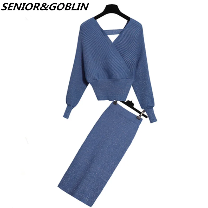 

2019 High Quality Autumn Winter 2 Piece Set Women Pullovers Knitted Sweater+Elastic High Waist Pencil Long Skirts Runway Suits