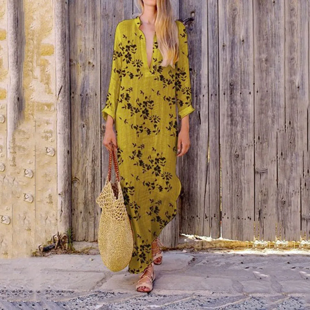 

Women Vintage Plus Size Dress Fashion Summer Holiday Women V Neck Summer Dress Casual Lady Bohemia Floral Printed Dress sukienka