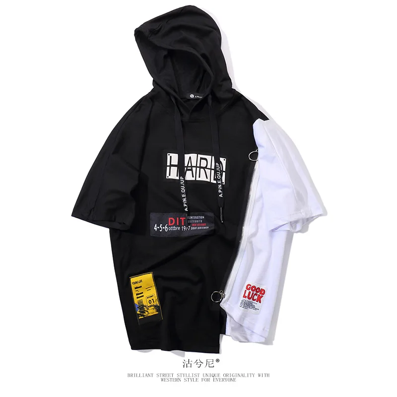 

Freestyle Zipper Color Matching Irregular Hoodie Men Hip Hop Short Sleeve Hooded Sweatshirts Male Casual Pullovers Harajuku