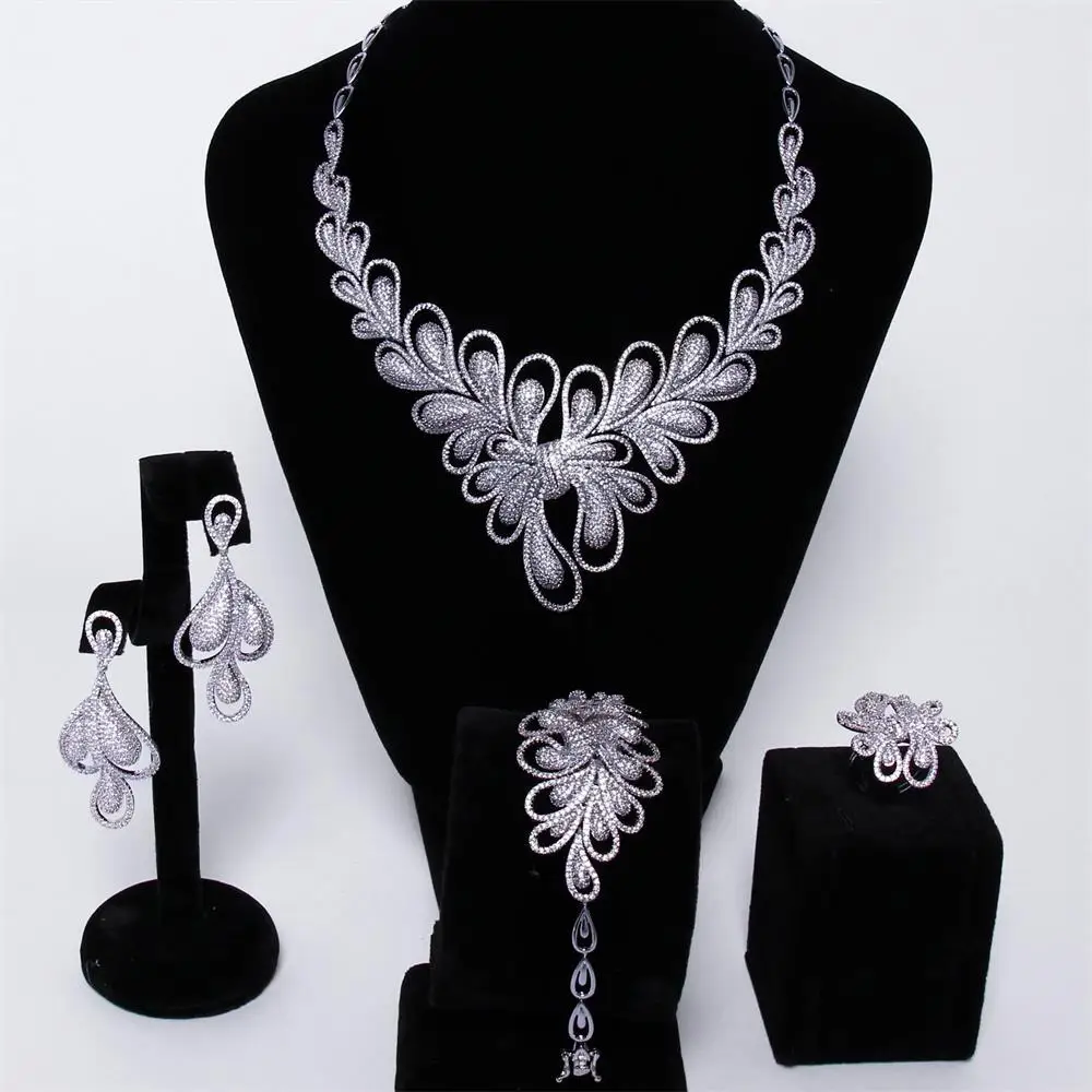 Luxury Wedding Jewelry Sets rhodium plated with Cubic zircon 4pcs sets
