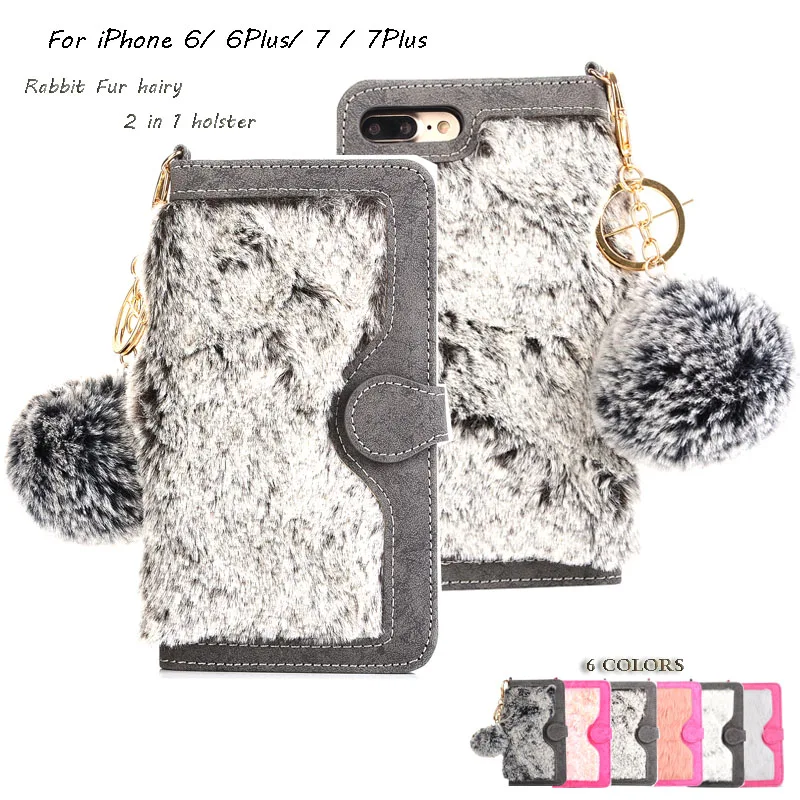 

Rabbit hair Case For iphone 7 7 Plus Fuzzy Fur Leather+Card Slot Phone Cover For iphone 6 Magnetic Detachable Flip Wallet Case