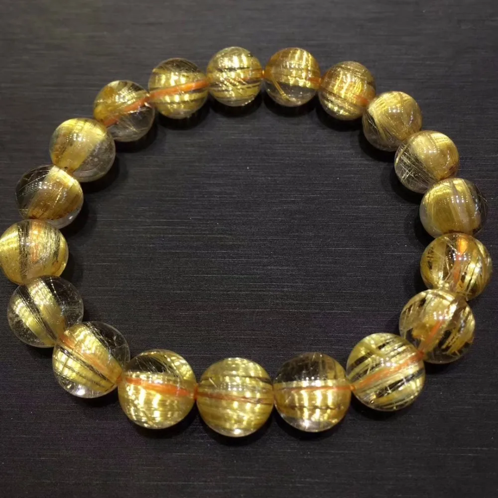 

Top Natural Brazil Gold Rutilated Titanium Quartz Round Beads Bracelet 10mm Women Man Stretch Crystal Certificate AAAAAA