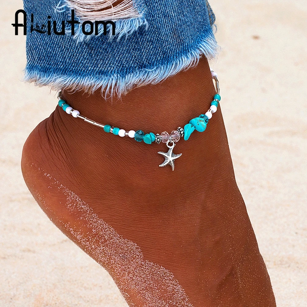 

ALIUTOM Bohemian Starfish Beads Stone Anklets for Women BOHO Silver Color Chain Bracelet on Leg Beach Ankle Jewelry 2018 NEW