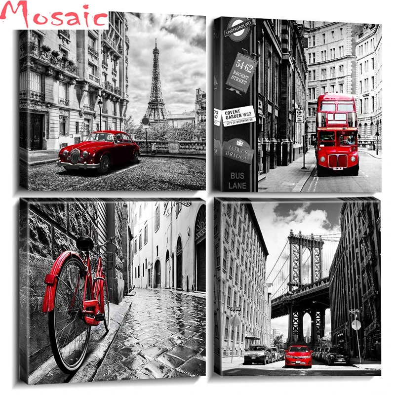 

diamond painting cross stitch kits"Black and White Wall Art City Paris Buildings Red Cars Homes Decorations Set of 4 Pieces"