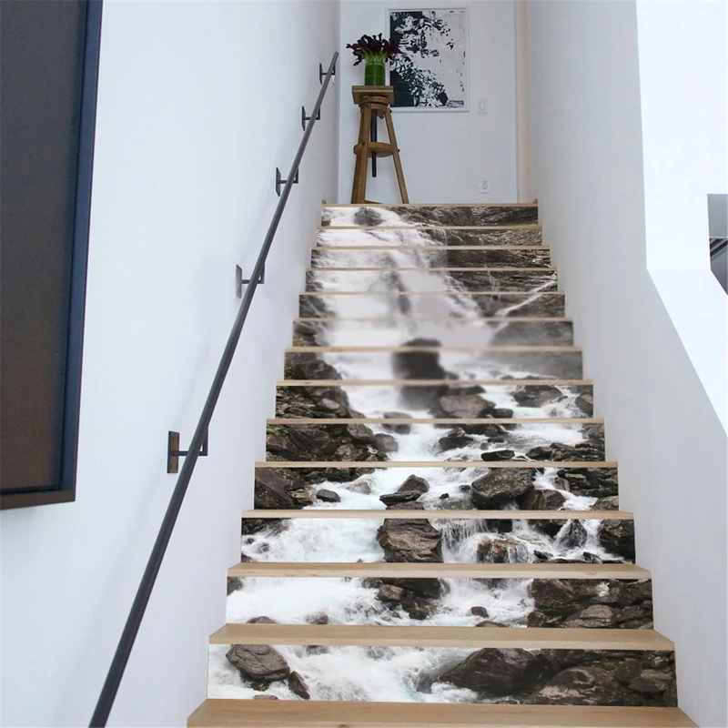 JX-LCLYL 13Pcs 3D DIY Waterfall Stair Risers Mural Decal Sticker Wall Paper Decor