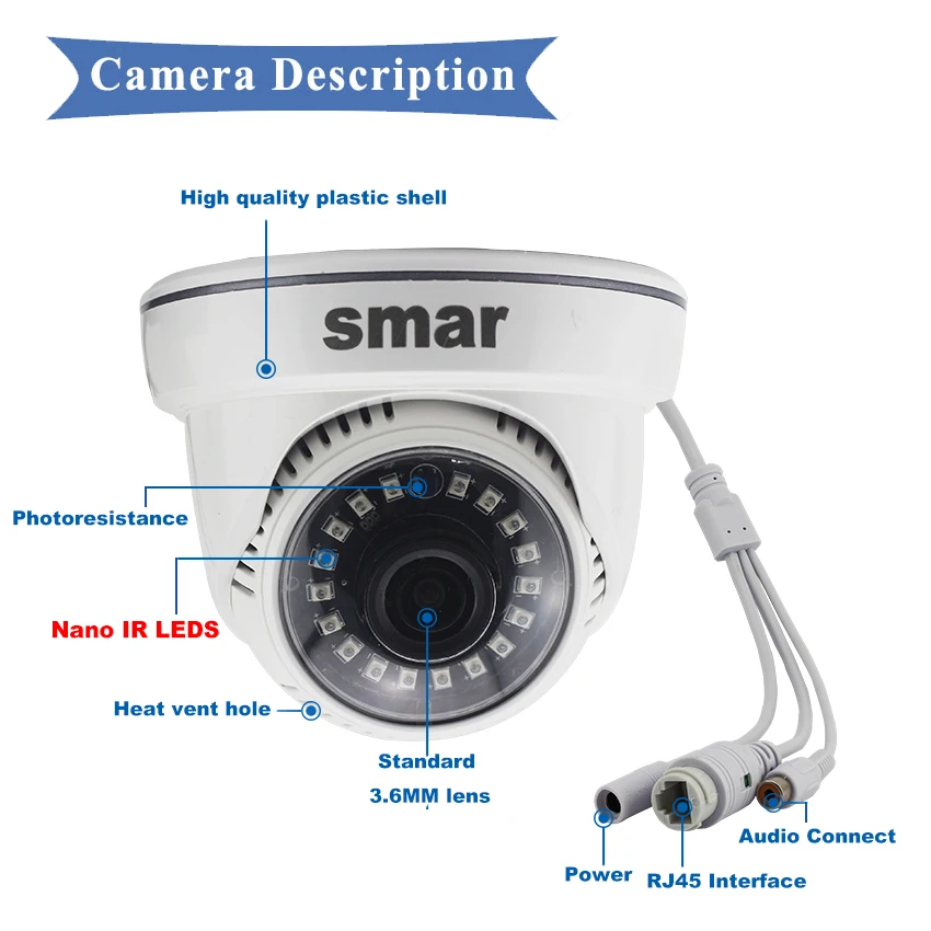 Smar HD ip-камера с 18 шт. Nano IR светодиодный 720 P/960 P домашняя камера видеонаблюдения Поддержка внешнего звукоснимателя микрофон Onvif