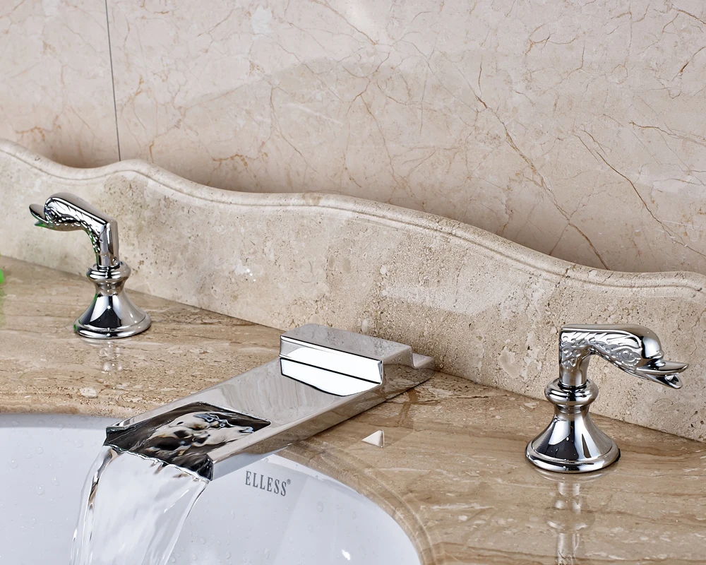 

Deck Mounted Bathroom Sink Faucet Double Handles Widespread 3pcs Mixer Tap Chrome Fonished