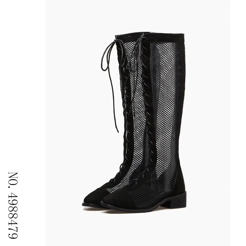 

Women's Thigh High Hollow Flat Knee Boots Sandals Block Heeled Comfortable Shoes Round Toe Long Summer Boots Cross Tied Zip Shoe
