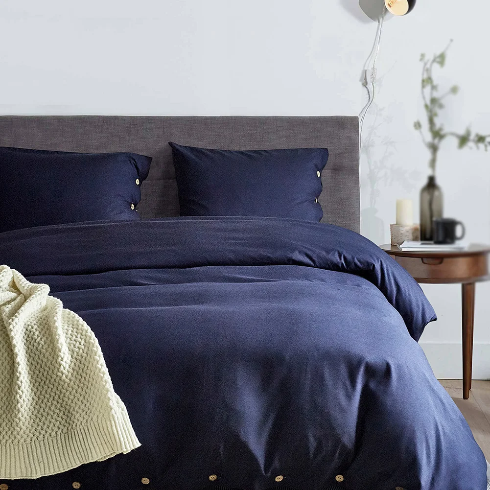 

3pcs Set Soft Pillowcase Bedding Washed Button Duvet Cover Solid Cotton Home Textiles