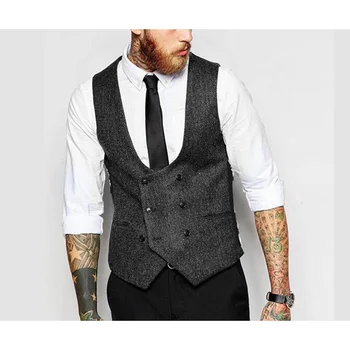 

2018 New British Style Vest Slim Woollen cloth Double Breasted Sleeveless Jacket Waistcoat Men Suit Vest Men's Vests