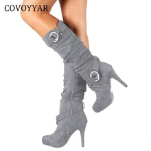 COVOYYAR/ г., облегающие высокие сапоги до колена женские осенне-зимние модные рыцарские сапоги на тонком каблуке-шпильке женская обувь с боковой молнией и пряжкой, WBS764