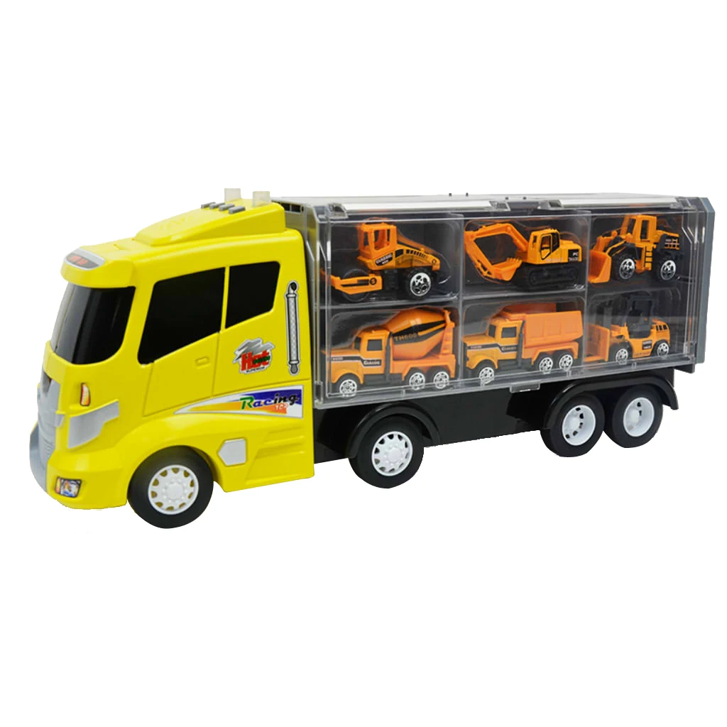 

Pack of 7 Alloy Construction Vehicle Set with a Yellow Container Truck, Kids Early Educational Diecast Toy