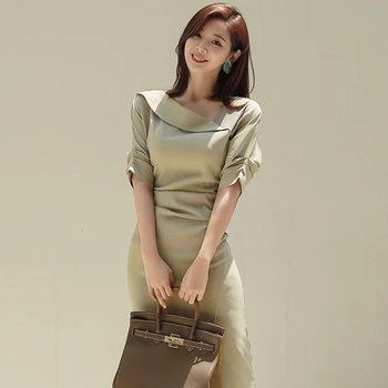 

Elegant Slash-neck Short Sleeve Dress Women Spring Office Split Pencil Dress Female Work Business Midi Dress