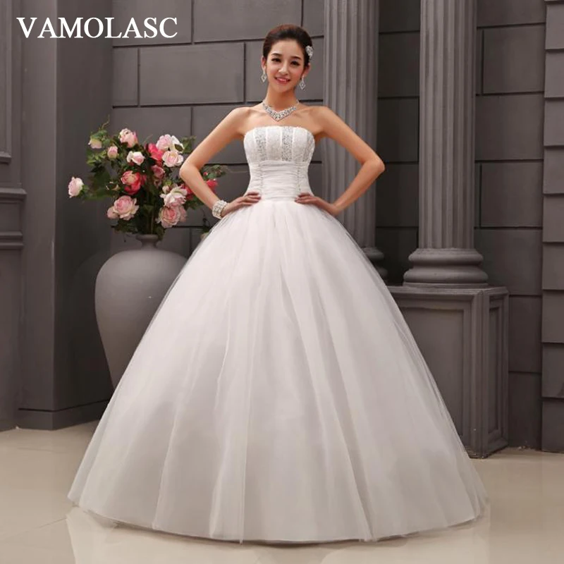 

VAMOLASC Sequined Strapless Ball Gown Lace Wedding Dresses Off The Shoulder Pleat Tulle Backless Bridal Gowns