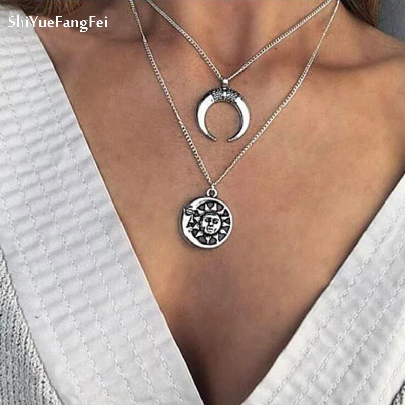 

New Delicate Antique Pendant Necklace Curved Crescent Moon Sun Choker Necklace Gold Silver Women Necklace Jewelry Birthday Gift