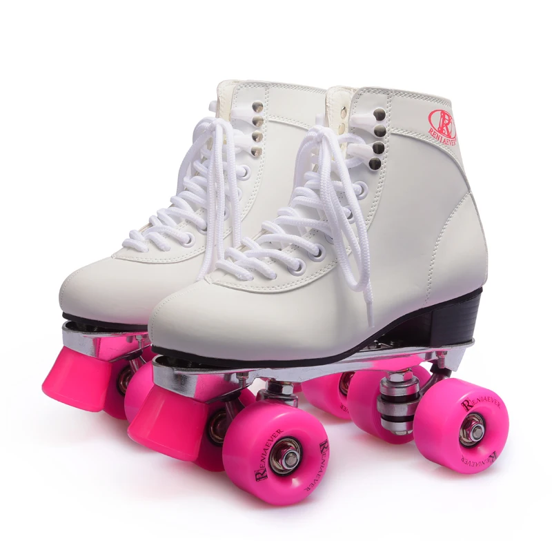 Skup Damska koszulka klasyczna RENIAEVER Retro 4 koła Quad wrotki łyżwiarstwo buty różowy koła, białe buty płyta aluminiowa, darmowa wysyłka
