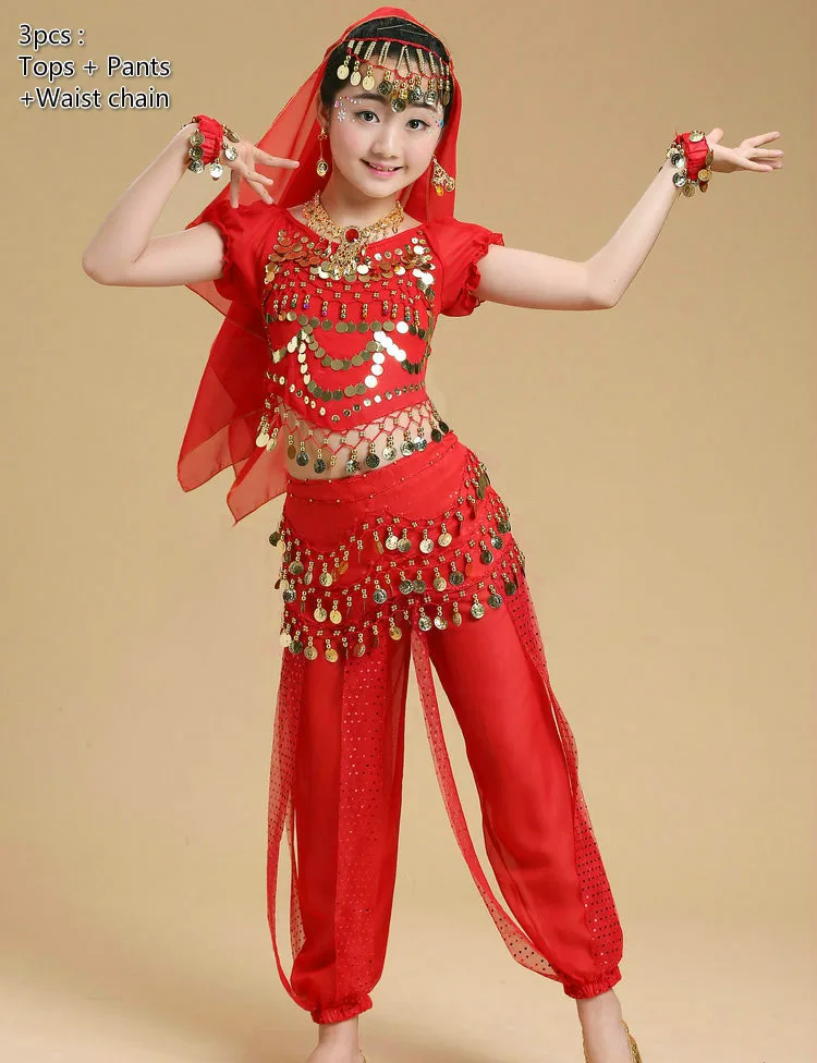 Детский костюм для танца живота для девочек, Детский костюм для выступлений, индийский танец живота, сексуальный Египетский танцевальный костюм, Одежда для танцев, 6 цветов - Цвет: 3pcs red
