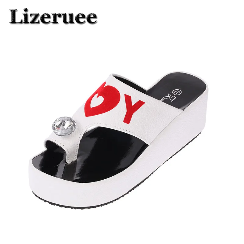 2018 Summer women slippers shoes genuine Rhinestone Open Toe high heels flip flops women white 
