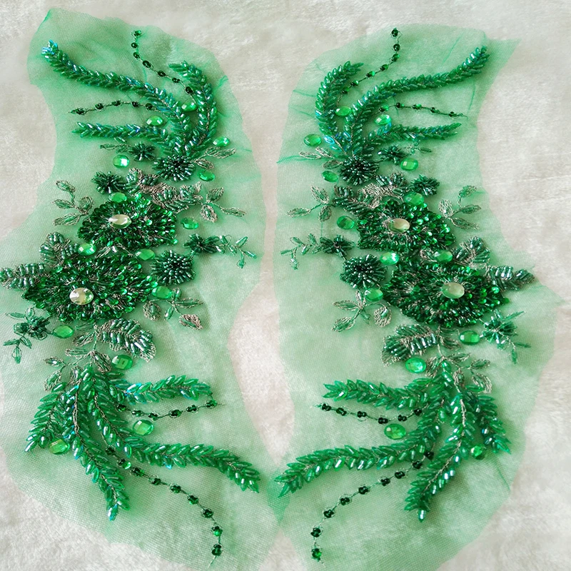 1/2 Pcs Beaded Green Lace Applique Sequins Lace Patch Bridal Wedding Dress Beading Embroidery