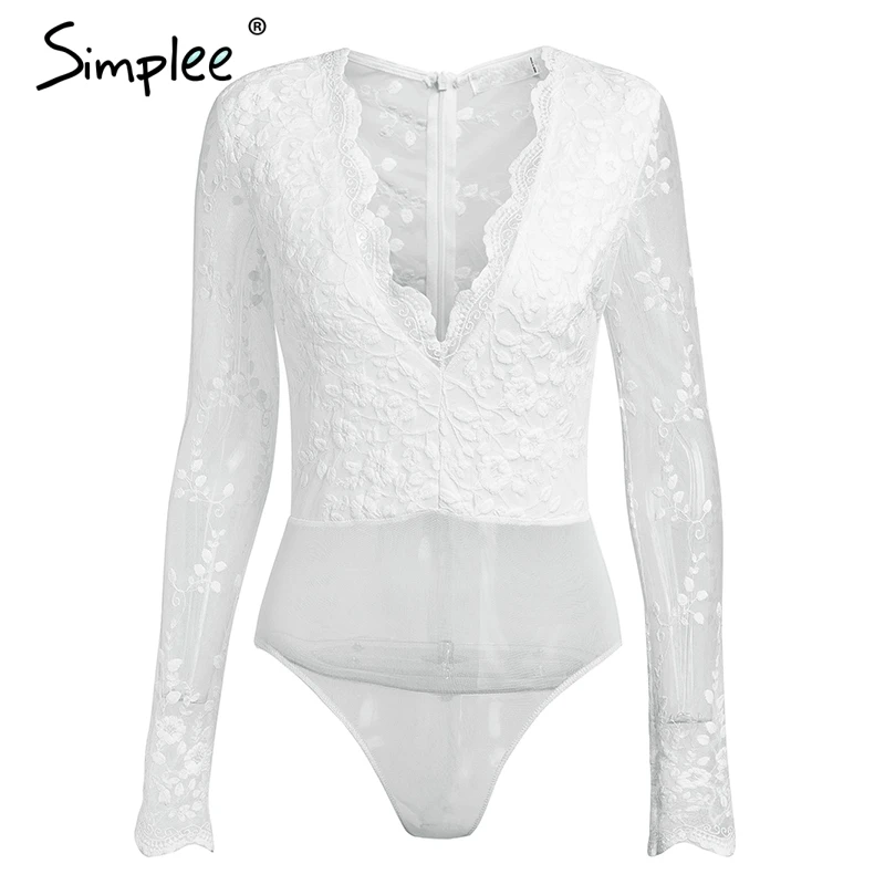 Simplee V neck sexy lace bodysuit women Long sleeve slim sheer bodysuit jumpsuit Summer transparent tulle white thong bodysuit Simplee V neck sexy lace bodysuit women Long sleeve slim sheer bodysuit jumpsuit Summer transparent tulle white thong bodysuit