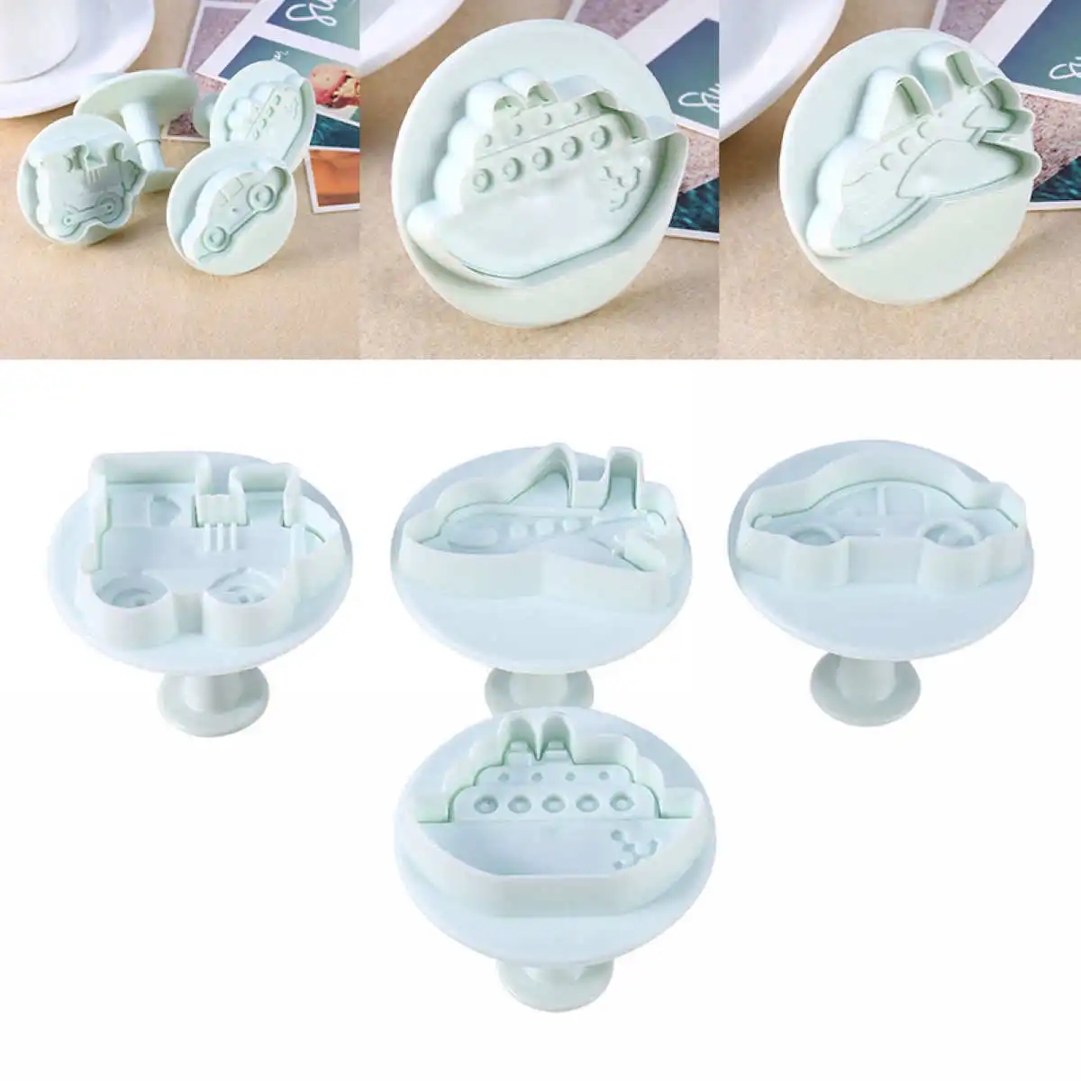 L 4pcs/lot Car Train Ship Plane Fondant Mold Cutter Cake Cookie Sugarcraft Decor Moulds