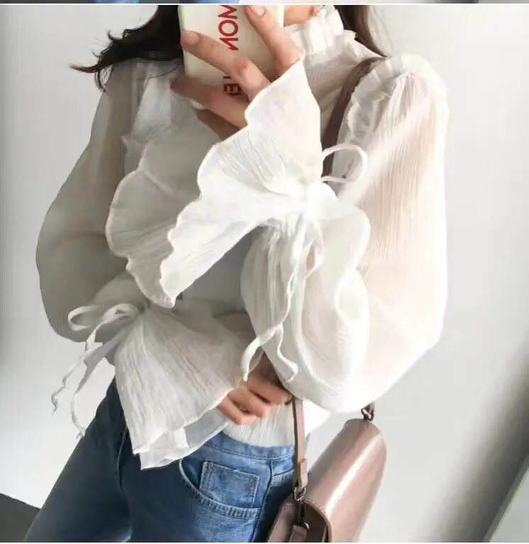 

2019 Spring and Summer Korean Elegant Wooden Elegant Trumpet Sleeve Shirt Casual Chiffon Ruffles Solid Flare Sleeve Ruffled