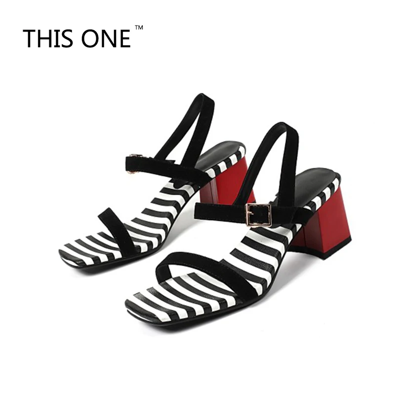 

THIS ONE Sexy Summer Gladiator Women High heels Sandals Suede Leather Zebra Striped Chunky Heels Shoes New 2018 Ladies Shoes
