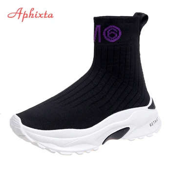 

Aphixta Socks Boots Shoes Woman Height Increasing Platform Ankle Boots Sexy Booties Girls Student Shoes Letter Fashion Lady Boot