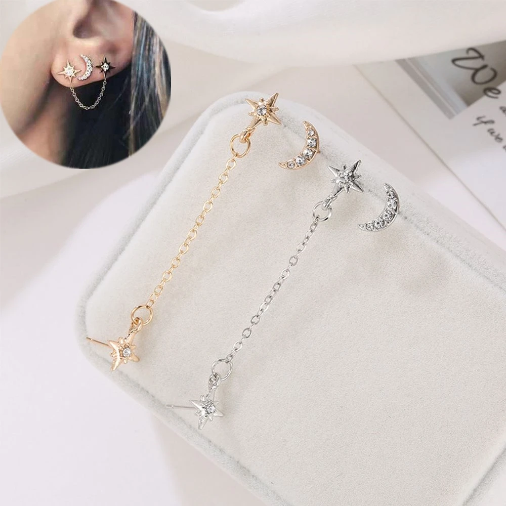 

Fashion Double Star Moon Stud Earrings Creative Personality Korean Earrings Set 3 Ear Hole Minimalist Earings Jewelry oorbellen
