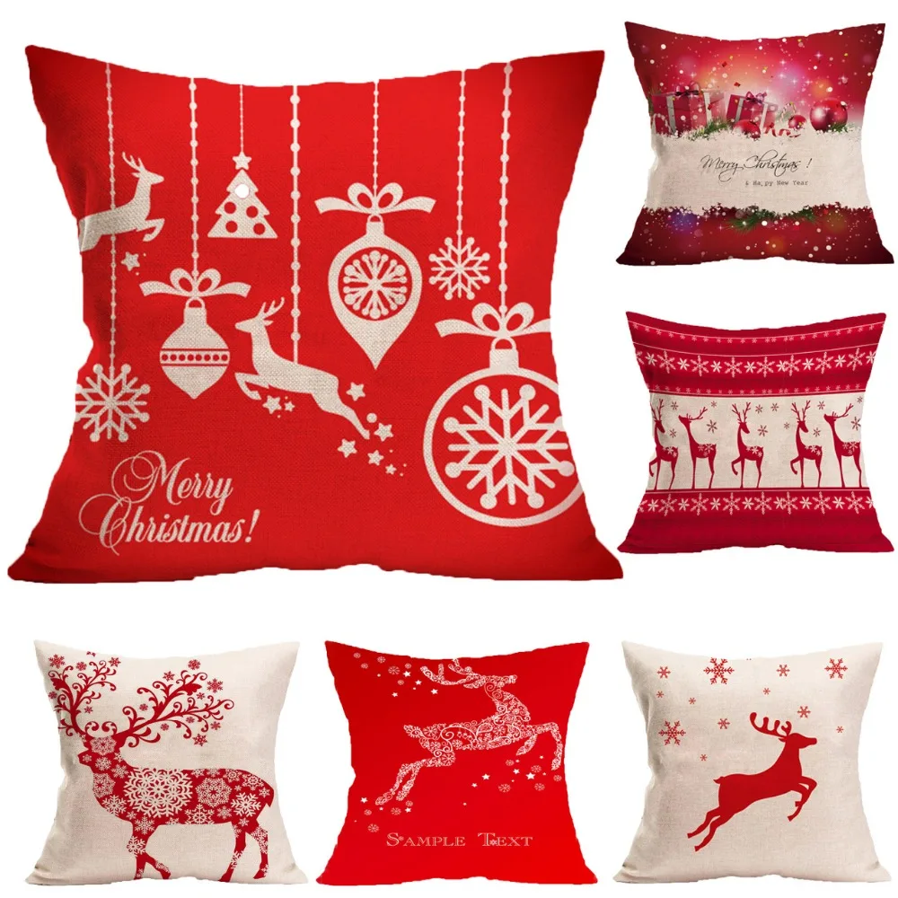 Cotton Linen Cushion Cover Sofa Car Office Home Decorative Pillow Cover New Year Christmas tree ...