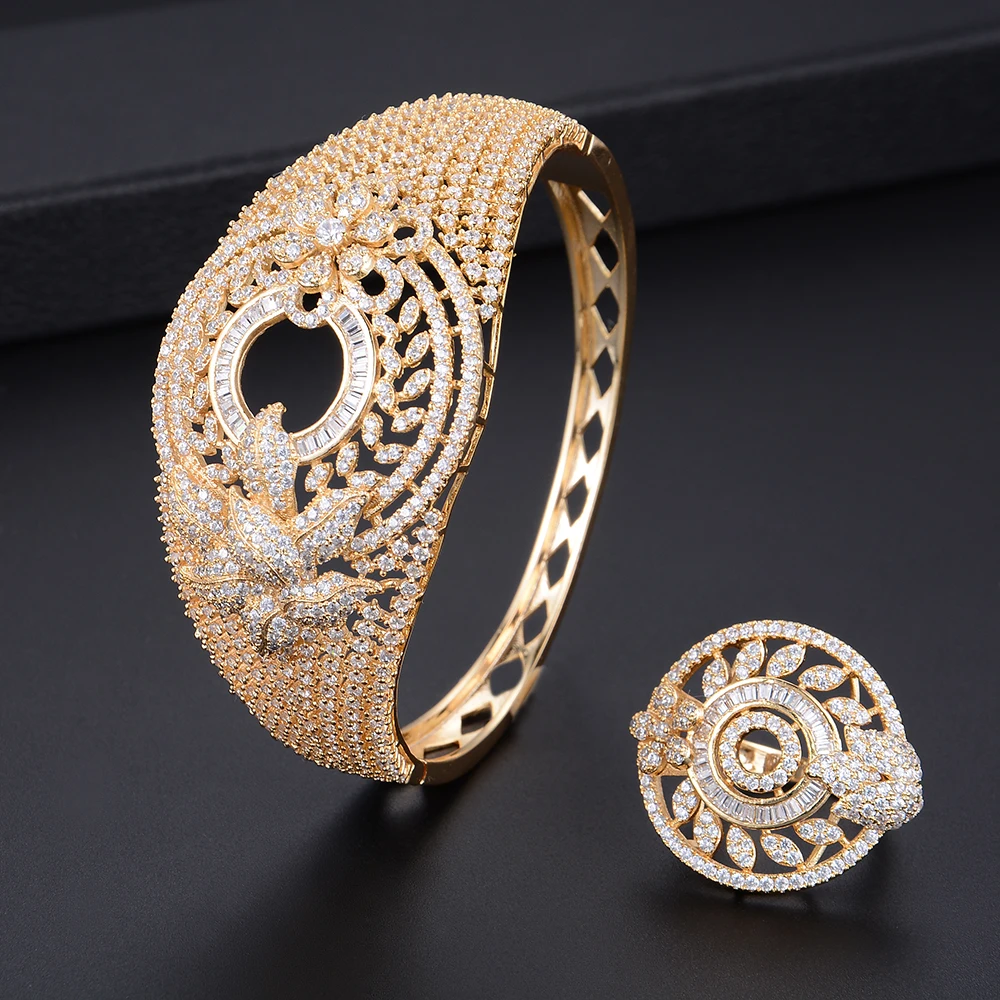 

Gold Color Geometry Hollow Shape Full Micro Cubic Zirconia Bracelet Bangle Ring Sets Dress Jewelry Sets