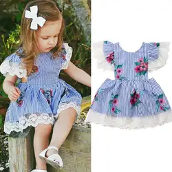Модная одежда с цветочным рисунком для маленьких девочек; платье с оборками и рукавами; нарядное платье-пачка из тюля с кружевом; сарафан;