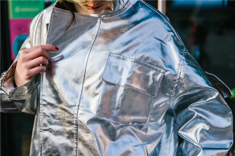 Cheerart Hip Hop Oversized Silver Jacket Women Pu Leather Glitter Loose Coat Streetwear Clothing Big Size Jackets Rock Punk Coat