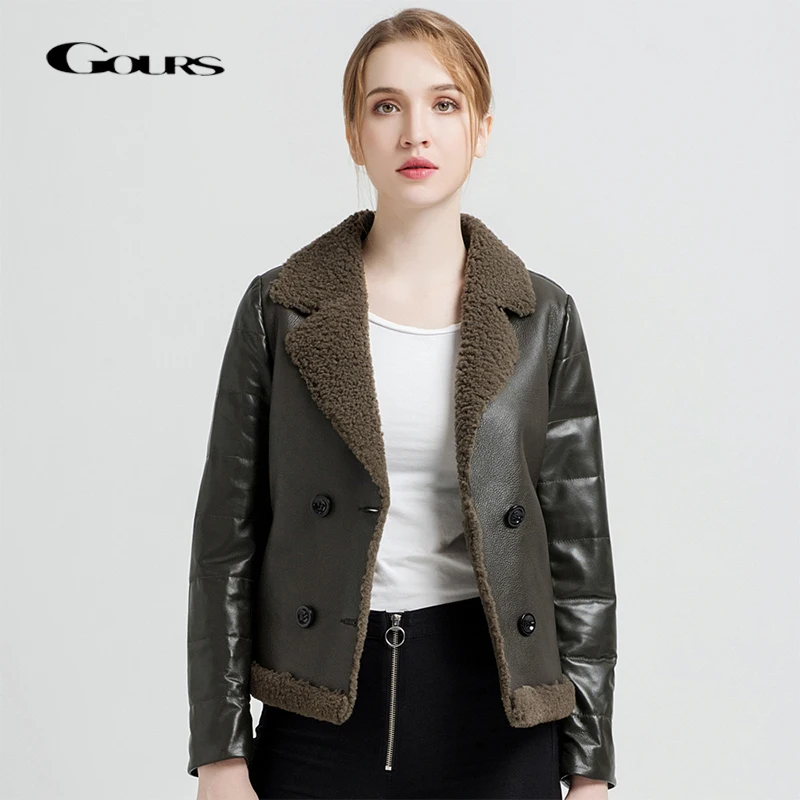 

Gours Women's Genuine Leather Jackets Female Fashion Short Shearling Down Jackets Black Classic Ladies Sheepskin Coats 7813