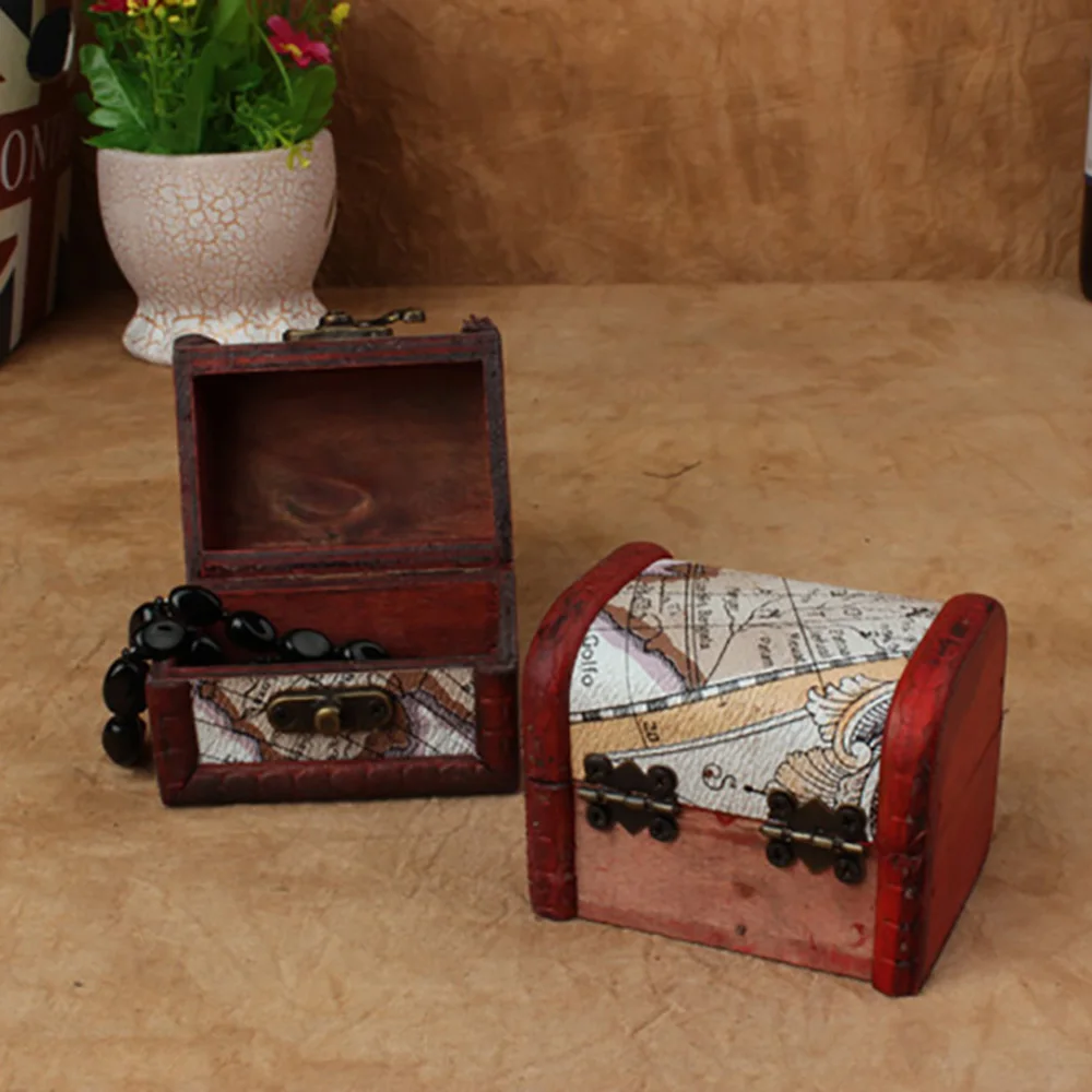 

Style Random Small Map Pattern Metal Lock Jewelry Treasure Chest Case Manual Wood Jewelry Box