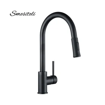 Smesiteli Kitchen Faucet Brass Matte Black Finish Kitchen Sink Pull Out Swivel Gooseneck Spout Mixer Hot & Cold Water Tap hot sale new pull out spring kitchen faucet chrome brass vessel sink mixer tap dual sprayer swivel spout hot and cold mixer tap