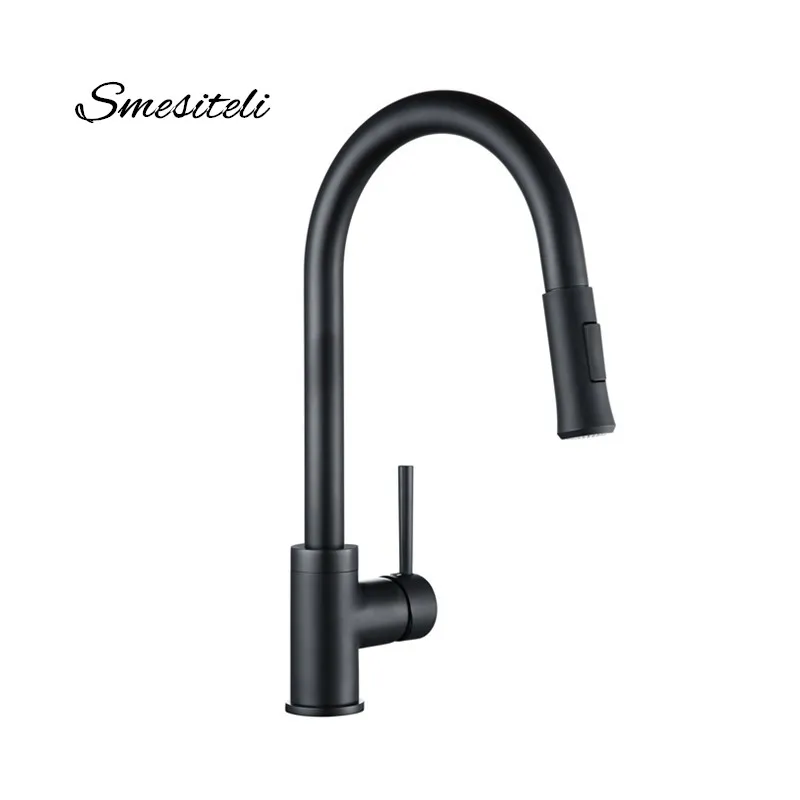 Torneira da Cozinha de Bronze Pia da Cozinha Smesiteli Acabamento Preto Fosco Pull Out Swivel Gooseneck Bico Mixer Quente & Fria Torneira Água