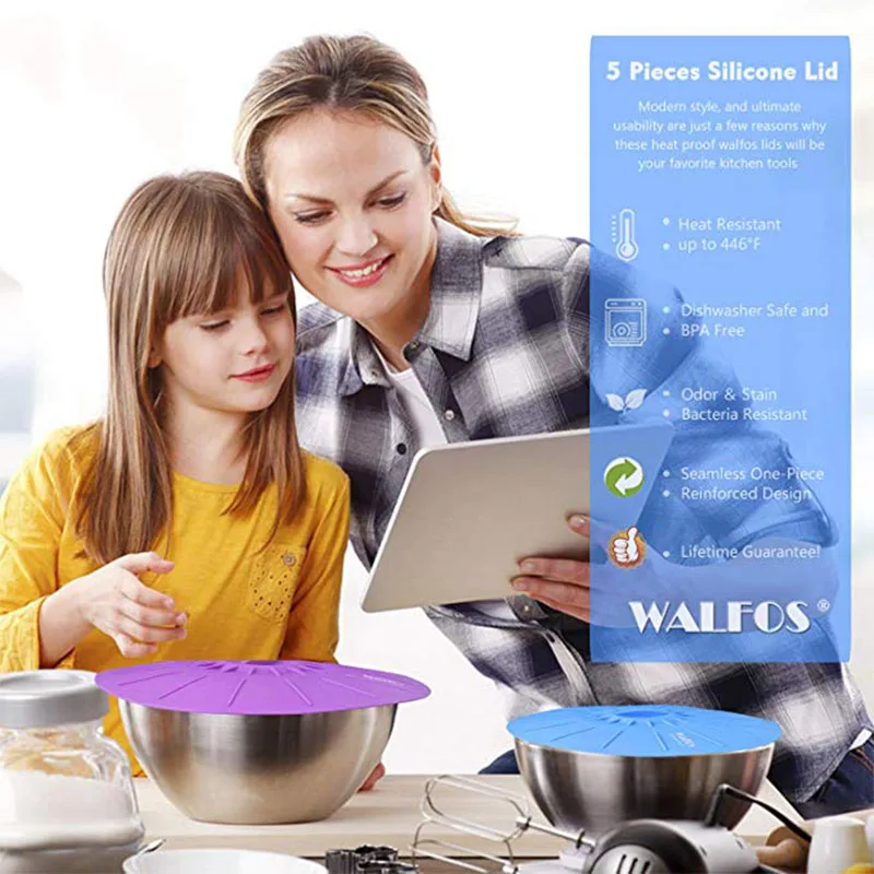 WALFOS Set of 5 Silicone Microwave Bowl Cover Cooking Pot Pan Lid Cover-Silicone Food Wrap Cooking Tools Kitchen Utensil Silicone Covers