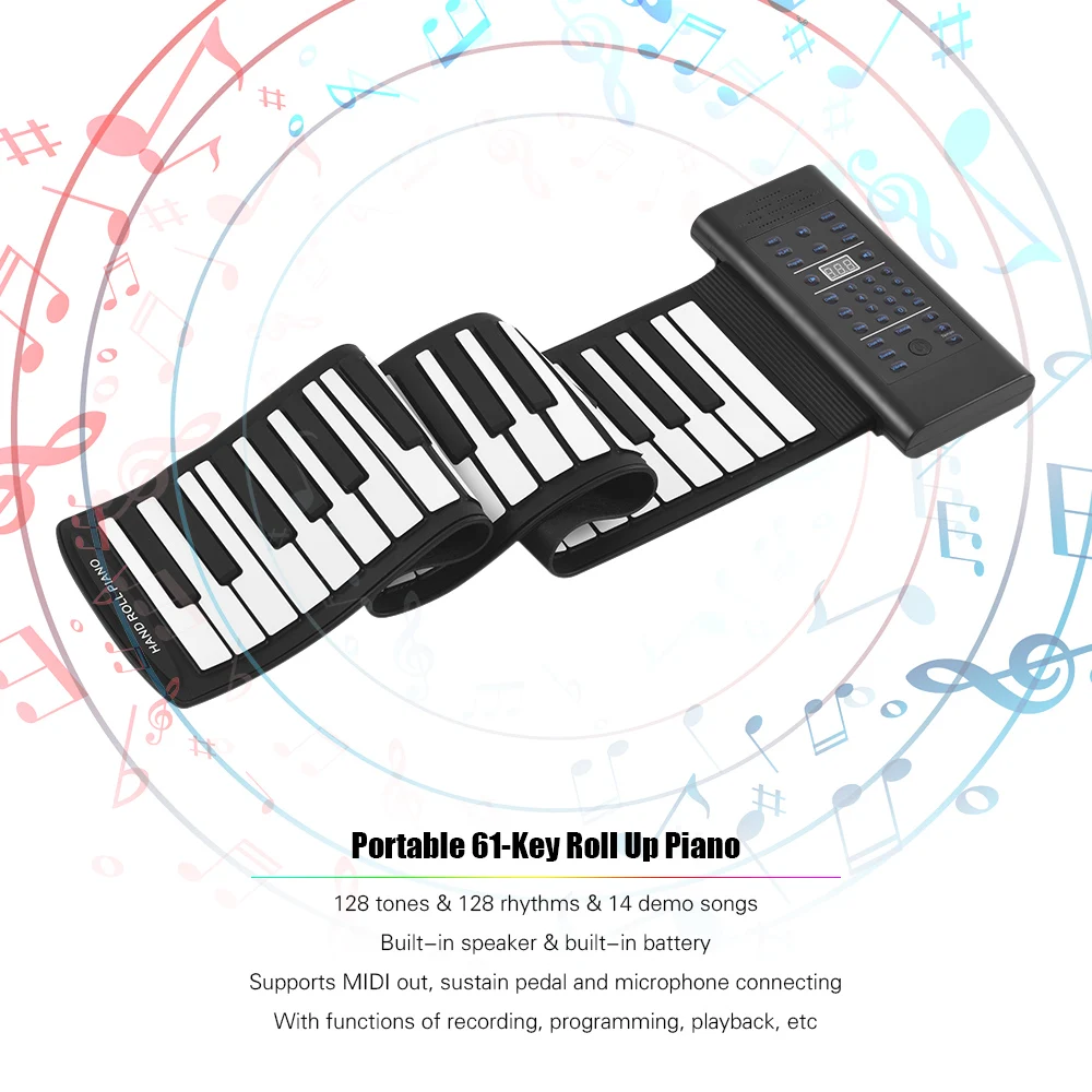 Портативный 61-ключ рулонное пианино электронная клавиатура кремния встроенным стереофоническим Динамик 1000mA Li-Ion Батарея Поддержка MIDI