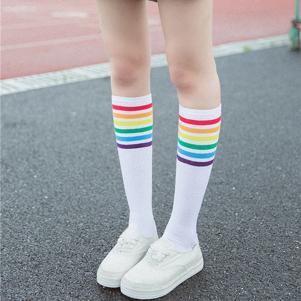 1 пара хлопковые Полосатые чулки радужные полосатые Футбольная Одежда для девочек спортивные носки повседневные облегающие Высокие гольфы женские длинные носки W5.9