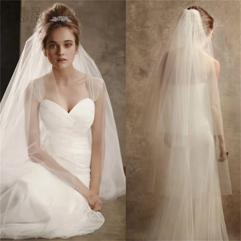 

BOAKO Women Wedding Accessories 3M or 2M White Ivory Wedding Veil With Comb Two Tier Long Cut Edge Bridal Veil Simple Women Veil