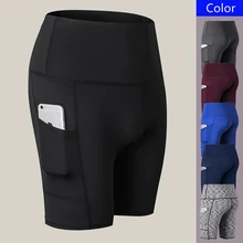 Для женщин Высокая Талия шорты для йоги с косыми карманами, для бега, тренировочные спортивные быстросохнущие облегающие тянущиеся для фитнеса Шорты тренажерный зал