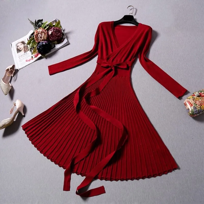

Elegant Women Knit Sweater Dress Casual Pleated Lace Up A-line Long Sleeve Winter Dress Fashion Female Vestdios 2019 Autumn New