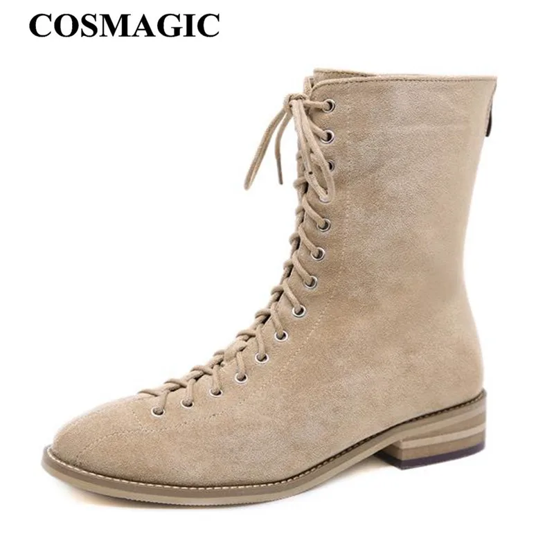 

COSMAGIC 2018 New Women Nubuck Leather Motorcycle Martin Boots British Style Gothic Punk Lace Up Med Heel Short Boot Shoe