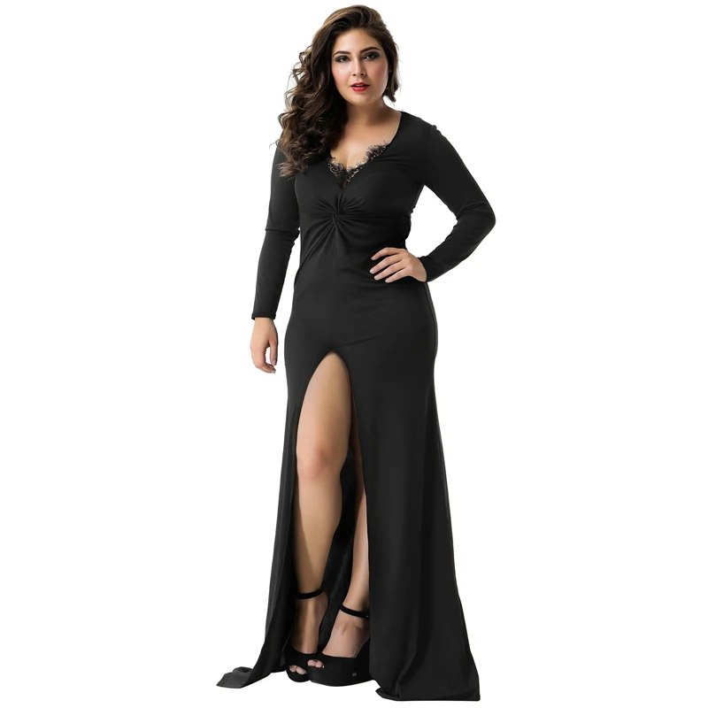 

Deep V Neck Formal Dress V1012 Brief 2XL Black High Waist Women Long Dress Sexy Solid Cotton Front Fork Lace Trim Autumn Dress