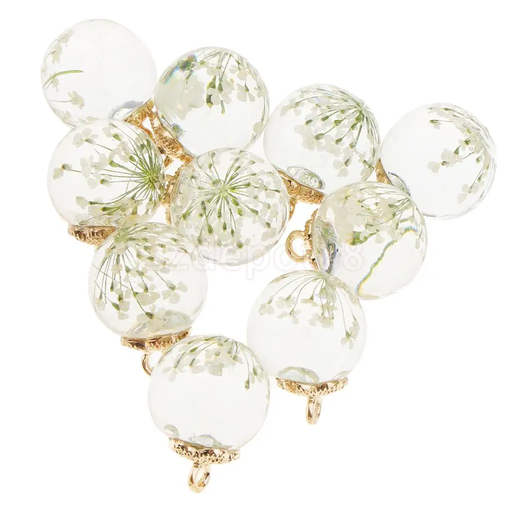 10pcs Dried Flower Glass Ball Pendant with Flower Cap DIY Earring Dangle Craft Findings Loose Beads