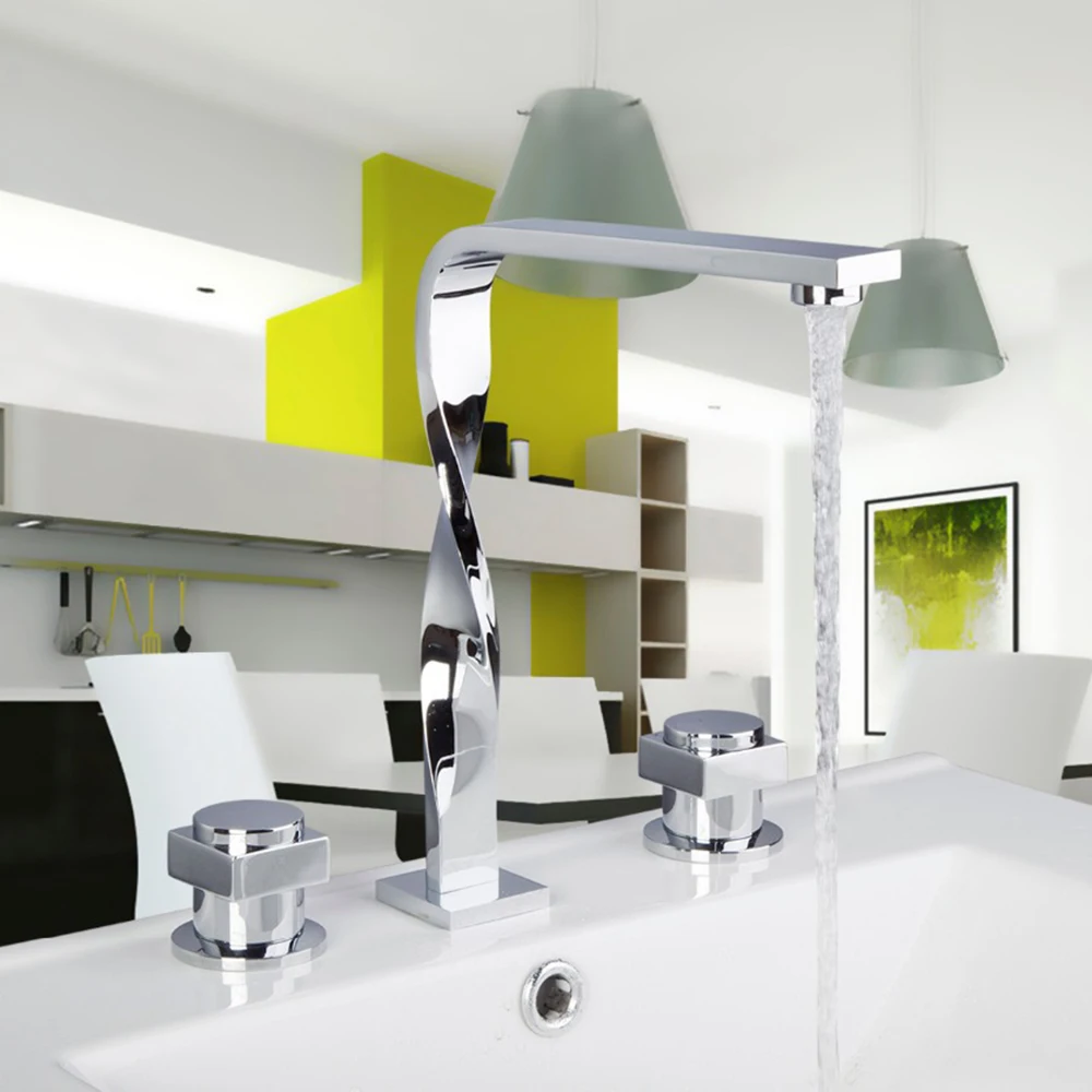 

Special Design Sumptuous Basin Faucet Chrome Polished Ceramic Dual Handle Deck Mounted Hot Cold Water Mixer Basin Faucet