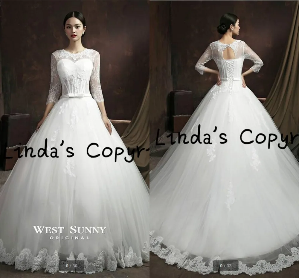 

New design ball gown 3/4 sleeve hollow back sexy wedding dress lace appliques with sashes princess corset bride dress hot sale