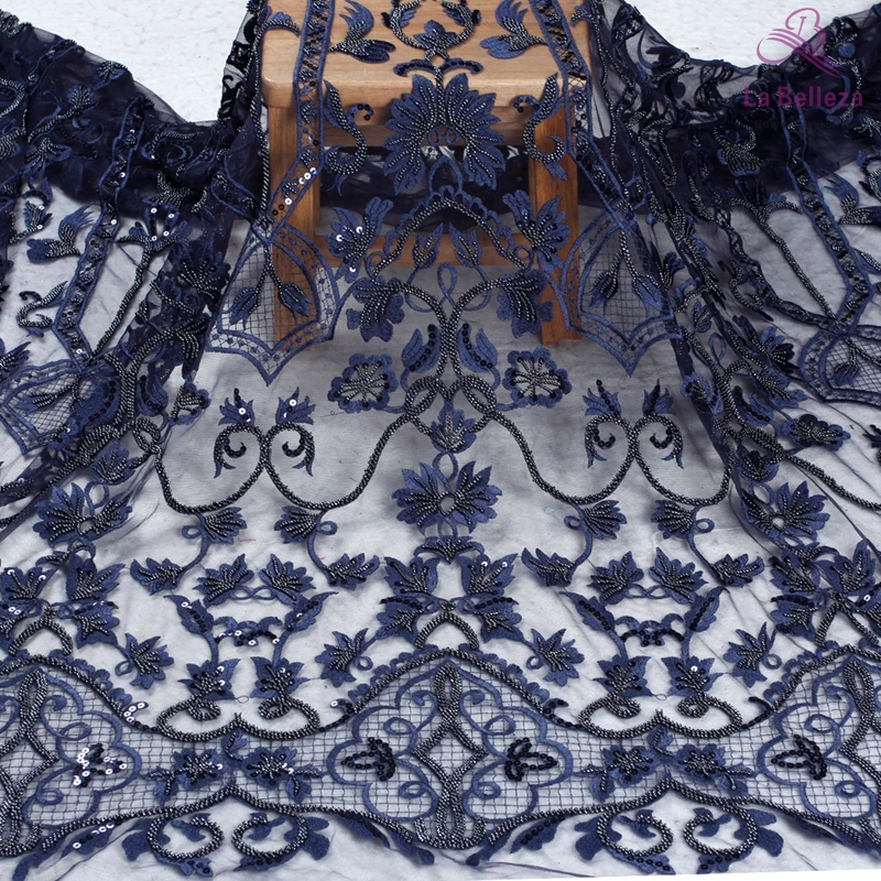 

La Belleza New deep blue heavy beaded lace fabric fabric 1 yard